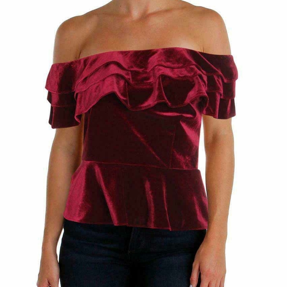 Aqua Tops - Aqua Red Velvet Ruffled Off Shoulder Top Medium